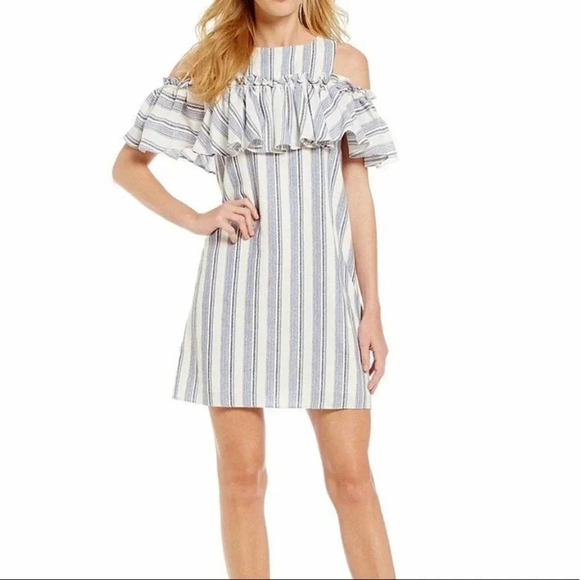 Gianni Bini Dresses & Skirts - Gianni Bini Mia Striped Ruffle Off Shoulder Cotton Blend Dress Size XS NWT
